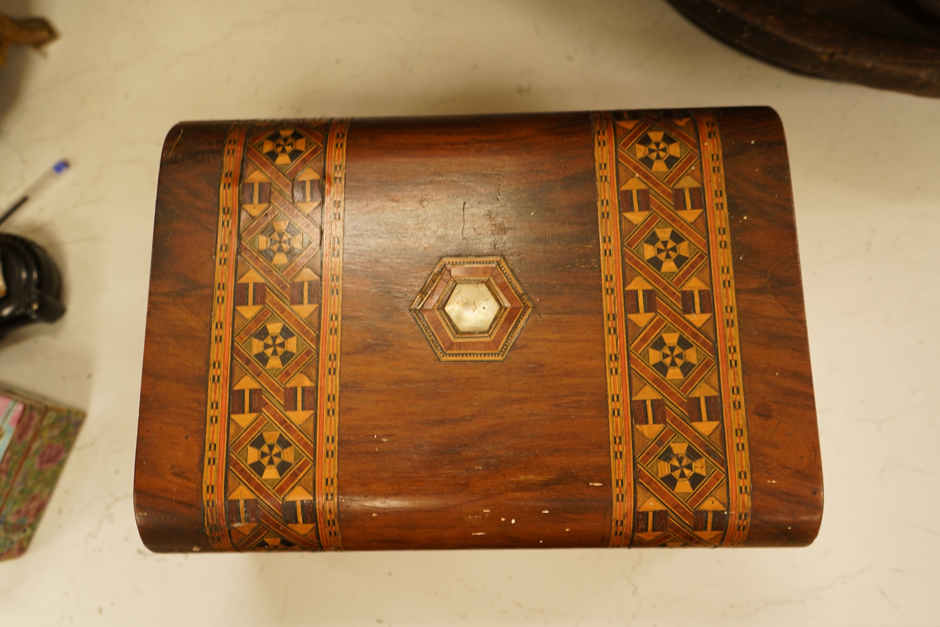 A quantity of mixed treen, including an inlaid box, carved head, large bowl etc and an 18th century French rat de cave wrought iron and treen candlestick. Bowl 49cm